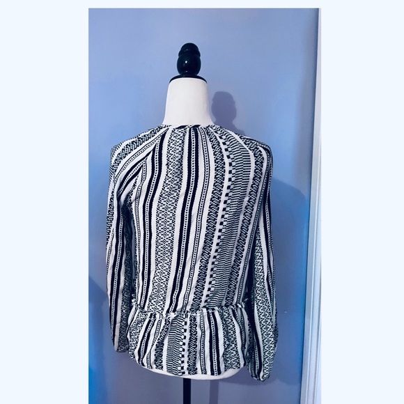 Anthropologie Keep in Touch Top White Black Geometric Stripe Peasant Blouse - Picture 2 of 5